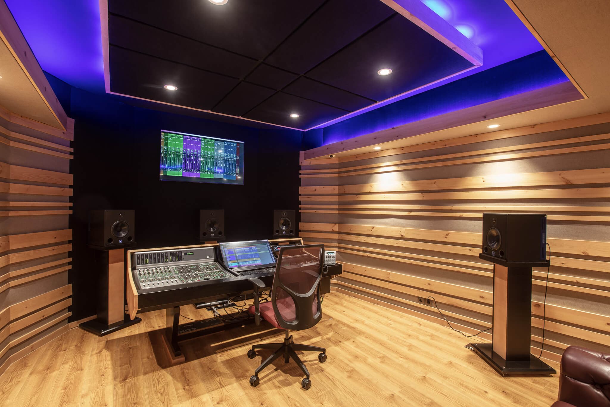 A music studio with character and gear on display